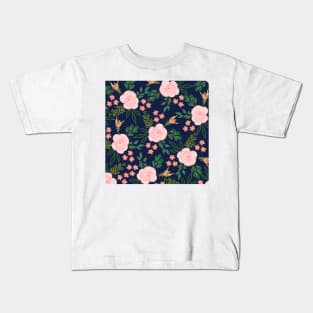 Blue Pink Watercolor Roses Gold Outline Design Kids T-Shirt